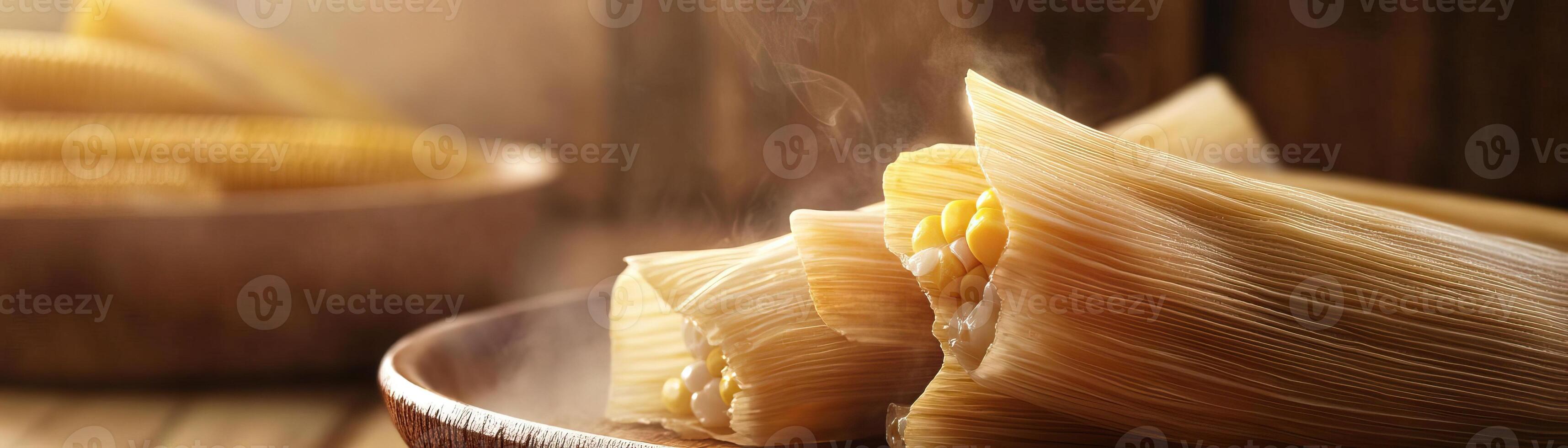 Deliciously steamed tamales served in a rustic wooden bowl, highlighting the warmth and authenticity of traditional cuisine. photo