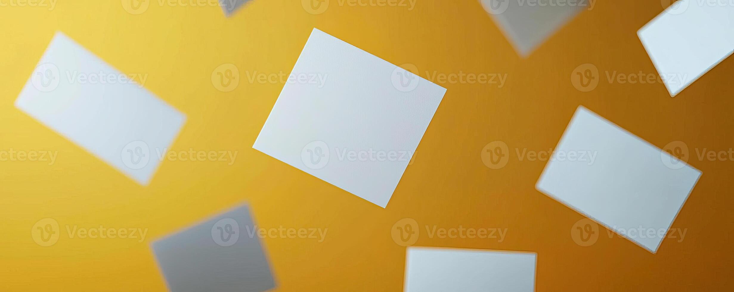 3d render of a various blank white paper cards with rounded corners floating around over a dark yellow studio background Shallow depth of field Dramatic lighting photo