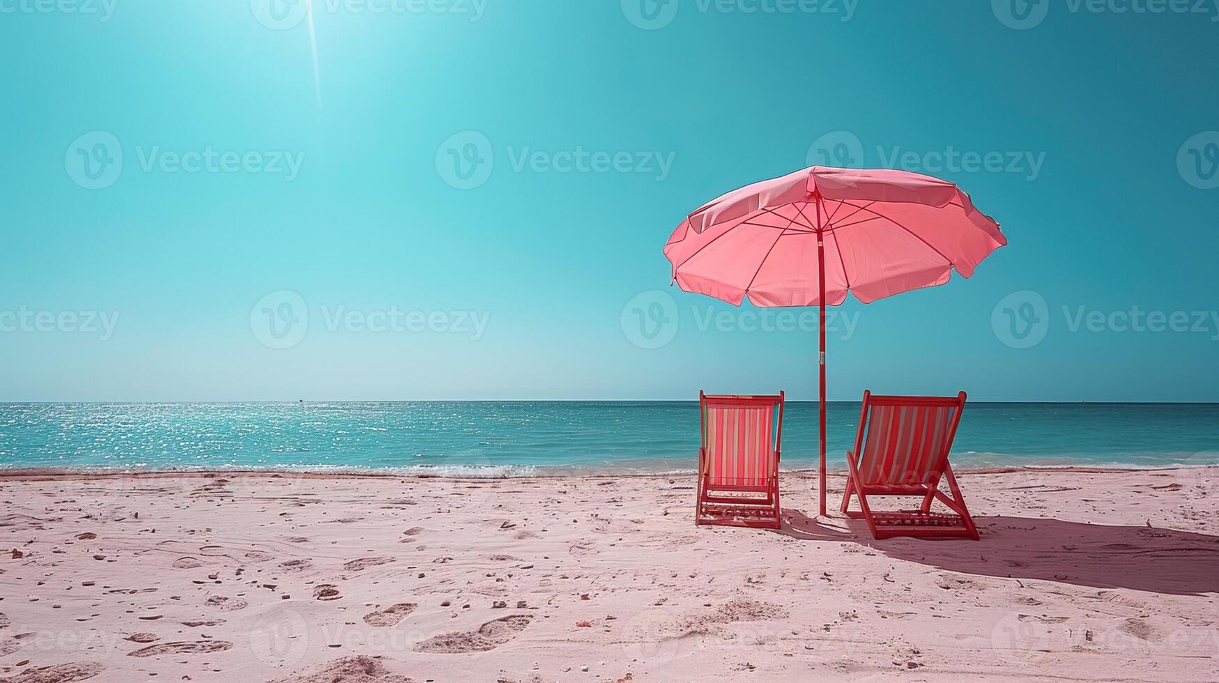 Serene beach scene with blue sky, red umbrella, and empty chairs on sandy shore. Perfect summer getaway, relaxation and vacation concept. photo