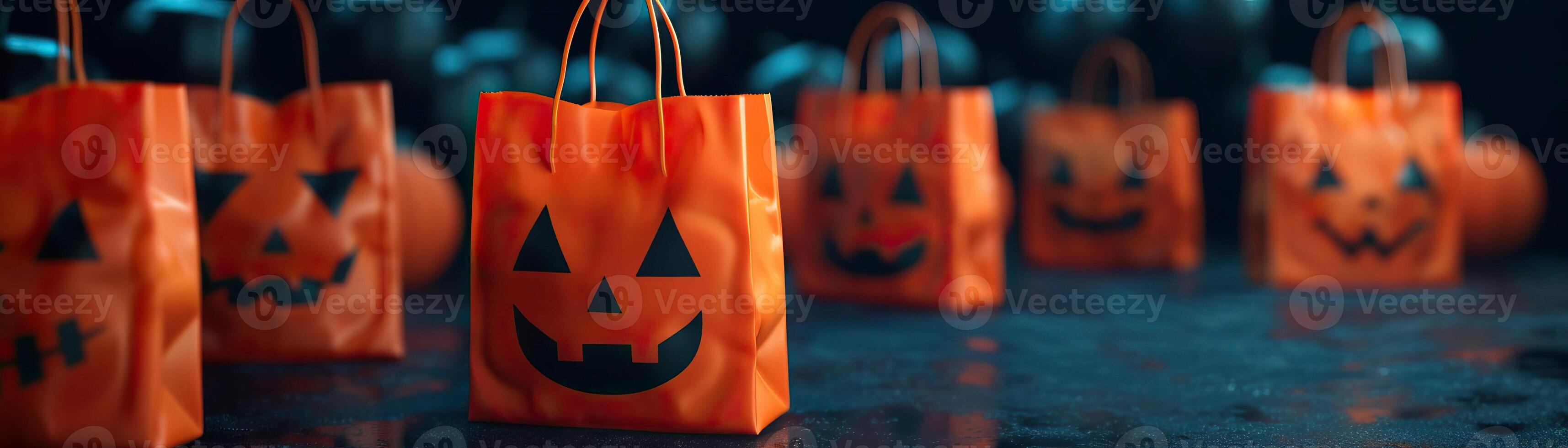 Candy bags with Halloween motifs, filled with treats, festive and spooky atmosphere, editorial photography, empty copy space on the right photo