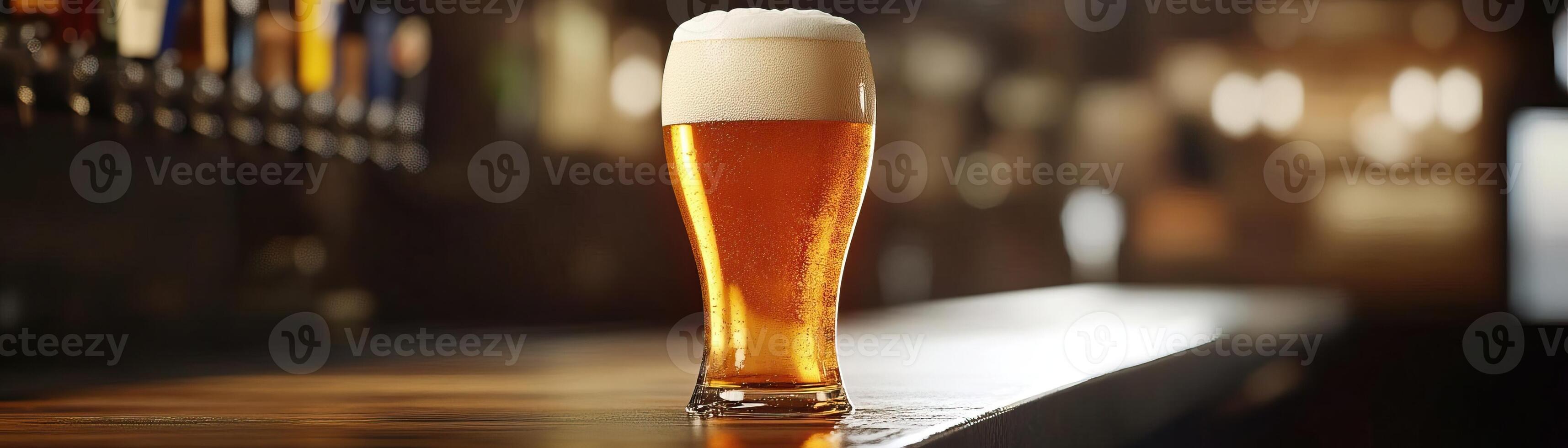 1 A detailed shot of a craft beer glass at a bar, emphasizing the foams creamy texture, set against a clean, neutral backdrop, extensive space on the right for copy photo
