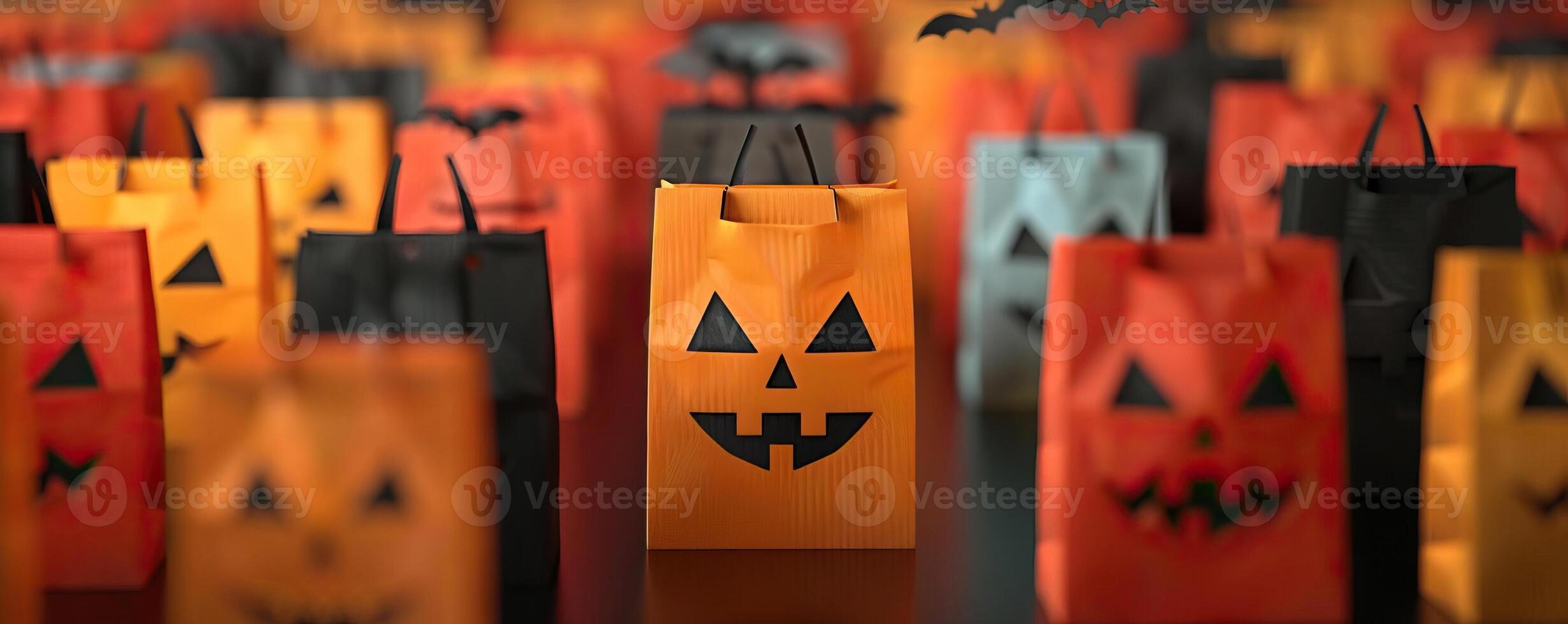 Halloween candy bags with pumpkin, ghost, and bat motifs, vibrant and fun, editorial photography, empty space for text on side photo