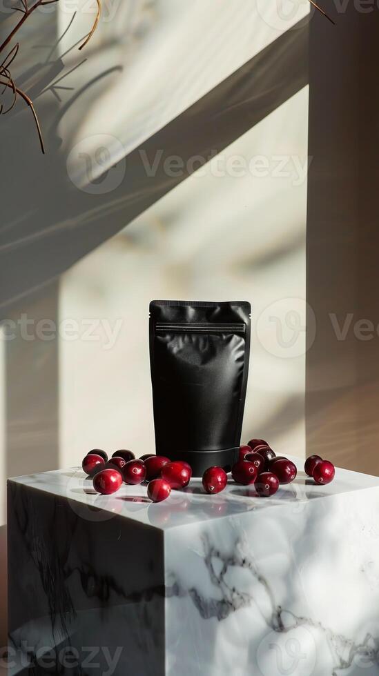 Black matte bag with red berries on marble podium against bright wall with shadows from plant branches photo