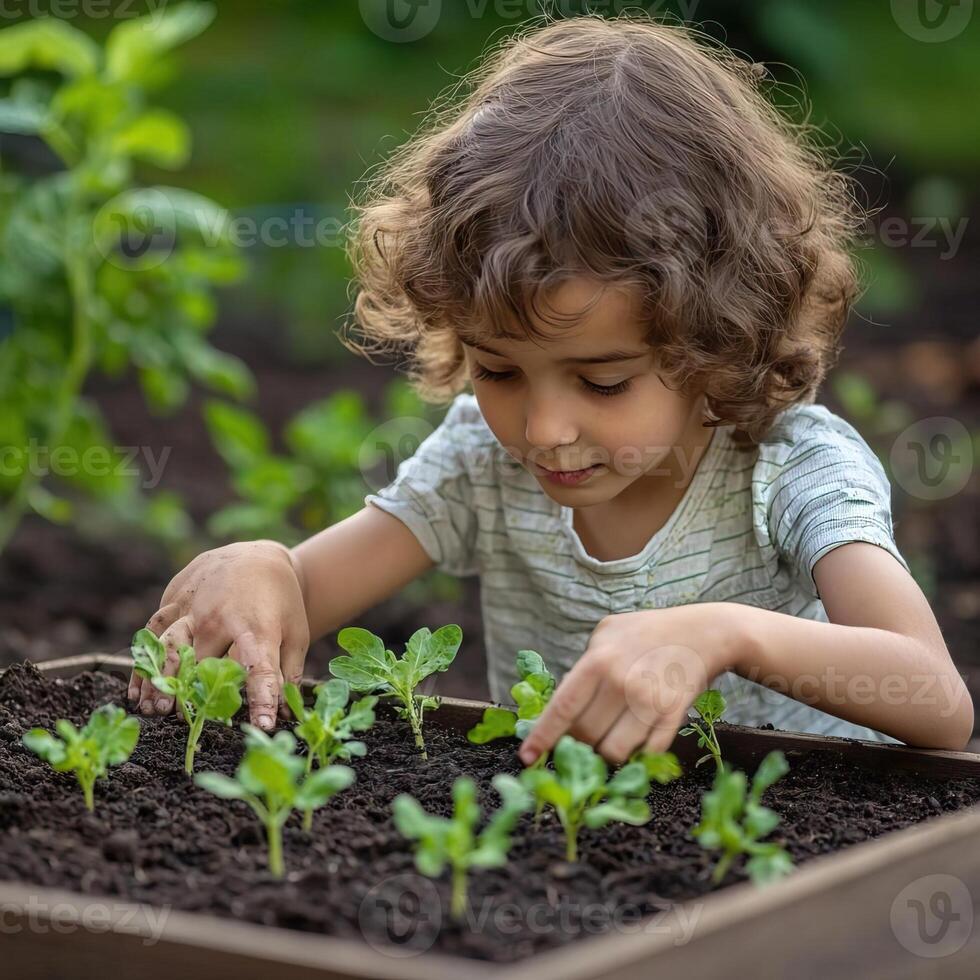 Child with a look of concentration, using their bare hands to pat down the soil around young vegetable plants in a raised bed, childhood in the garden, engaged and responsible photo