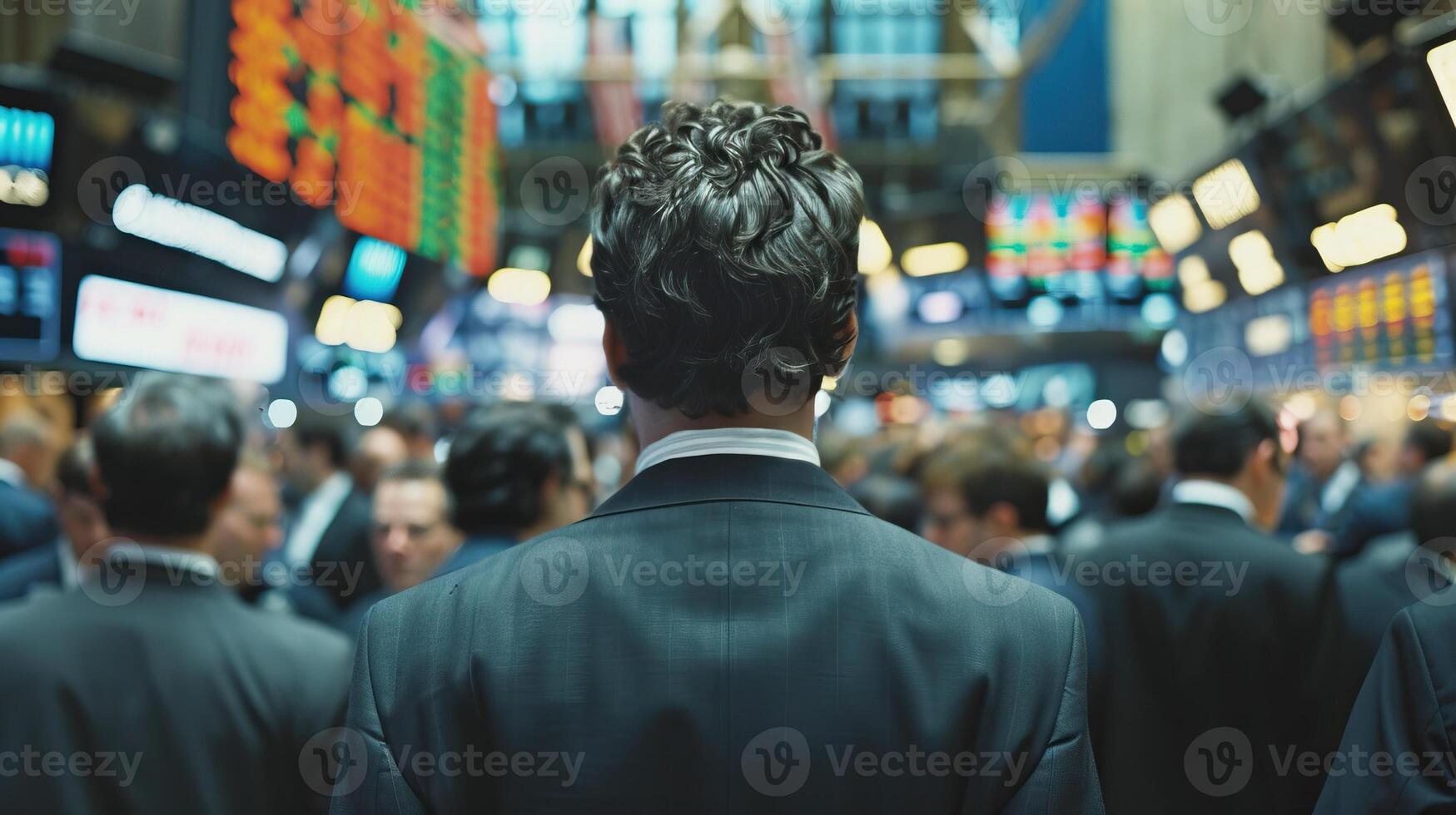 Confident businessman in a suit standing out from the crowd on a busy street with skyscrapers in the background. photo