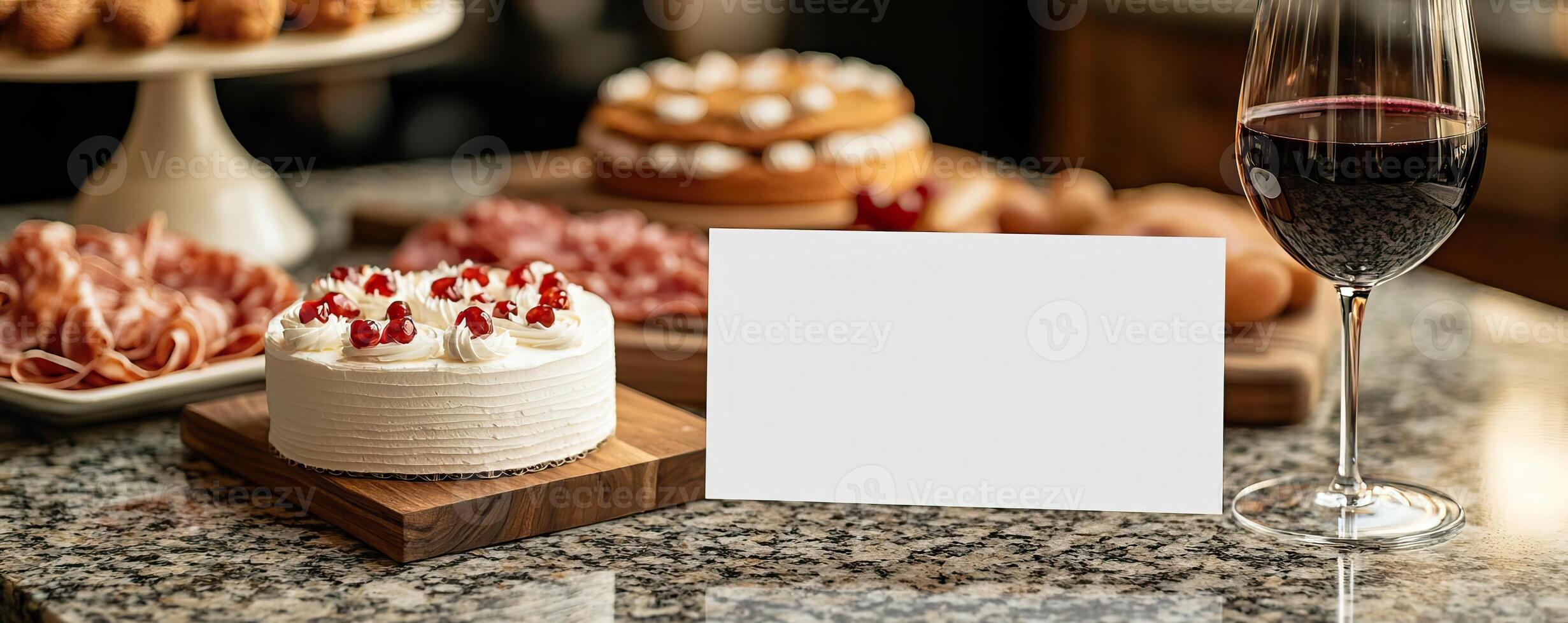 a granite clean tabletop with a blank white vertical 5x7 card next to charcuterie board and white cake with traditional pipiing photo