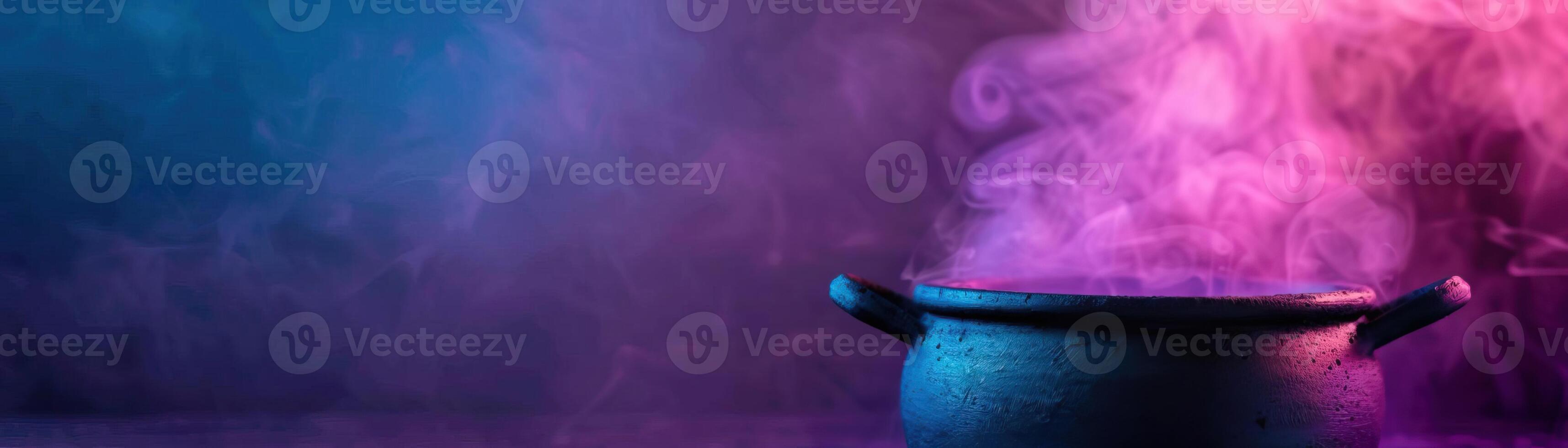 Witch's cauldron emitting magical smoke, eerie and mystical atmosphere, editorial photography, empty copy space on the right photo