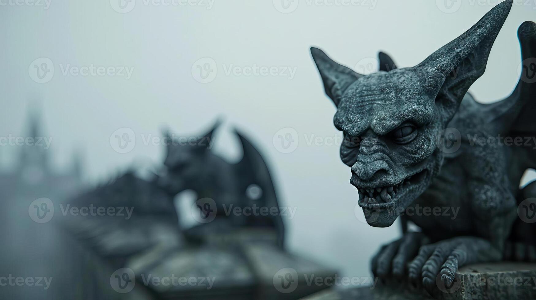 Close-up of menacing gargoyles on pedestals, creating a chilling gothic background, editorial photography, empty space for text on left photo