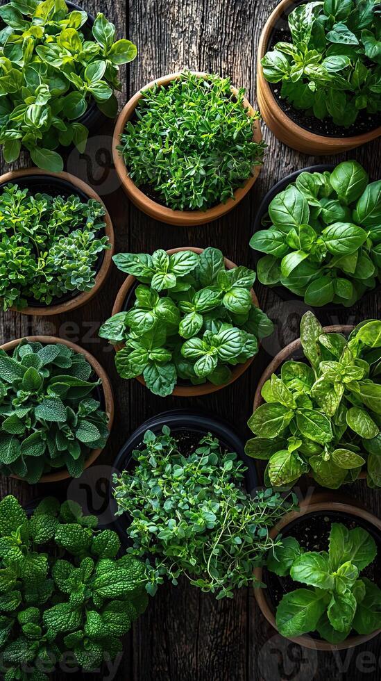 A variety of herbs and leafy greens in pots arranged around a weathered wooden surface, vibrant foliage contrasting with the rich, dark wood, fresh and inviting photo