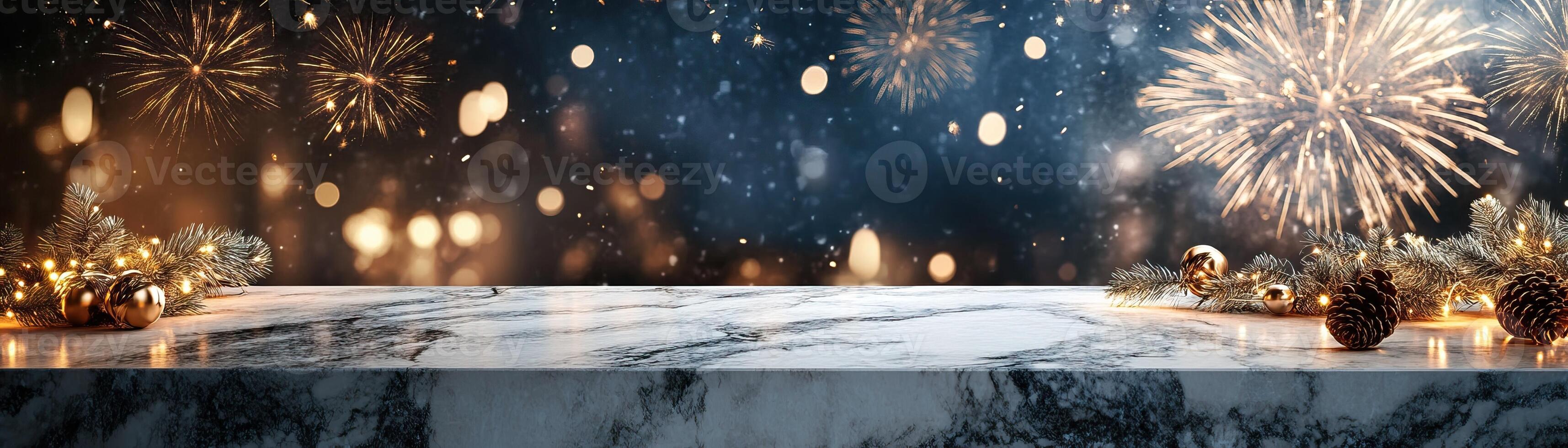 Marble counter mockup with a New Year celebration background featuring vibrant fireworks lighting up the night sky, editorial photography, empty copy space on the right photo