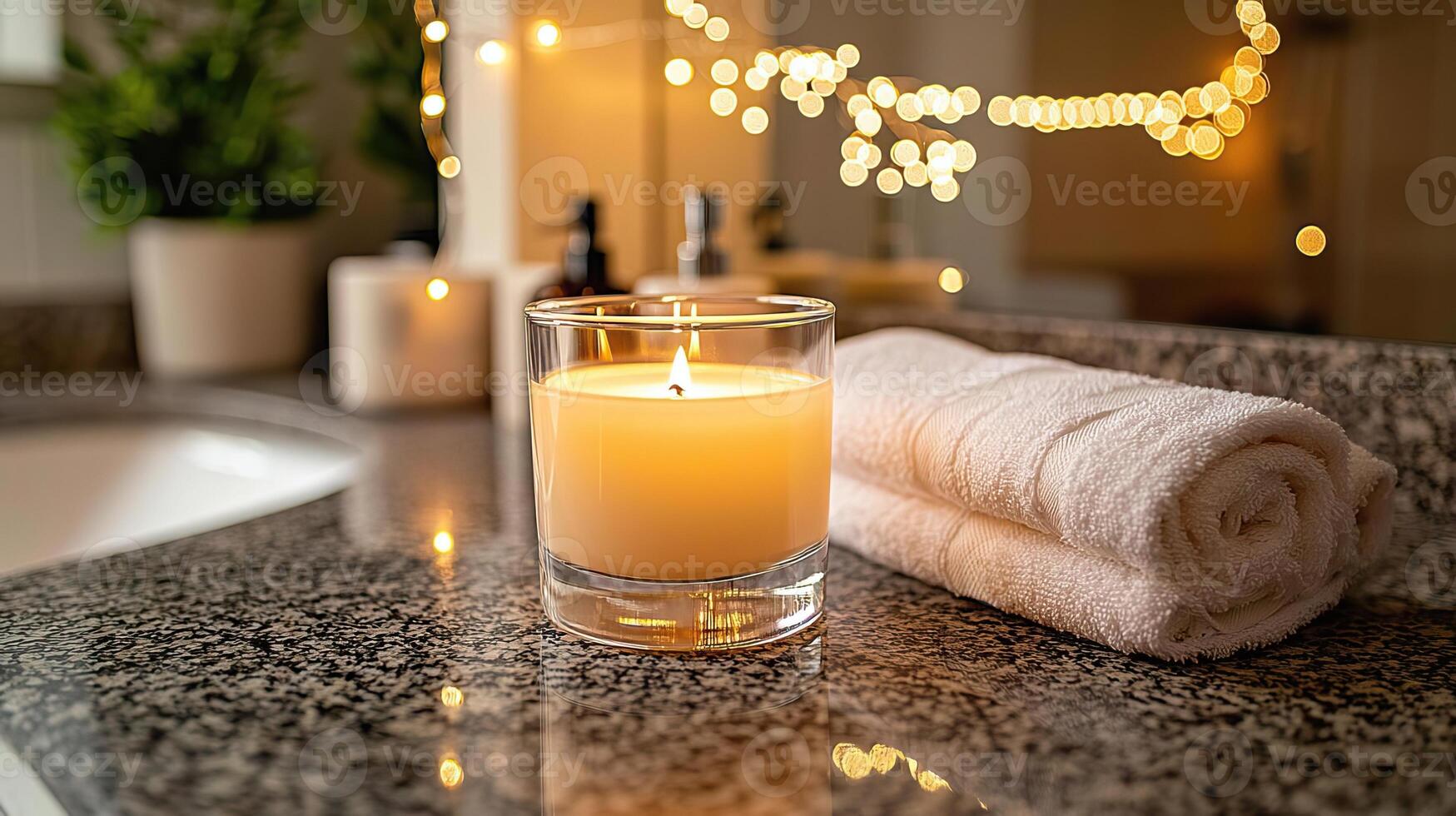 Blank clear straight candle glass on a granite countertop with minimalist toiletries, a folded towel, and delicate string lights, modern warm bathroom mockup, sleek and inviting photo