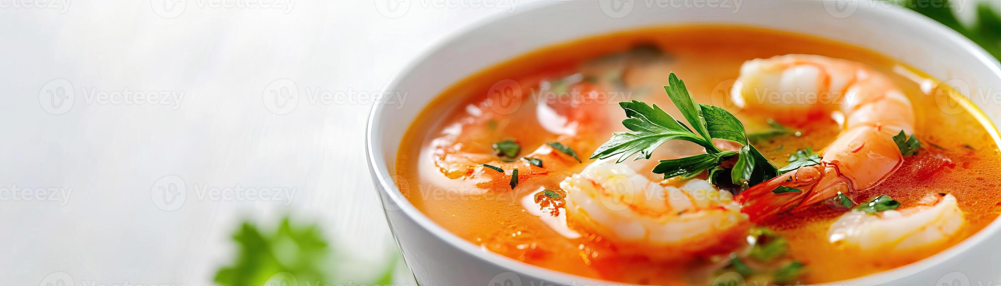 A delicious bowl of shrimp soup garnished with fresh herbs, perfect for seafood lovers seeking comfort and flavor. photo
