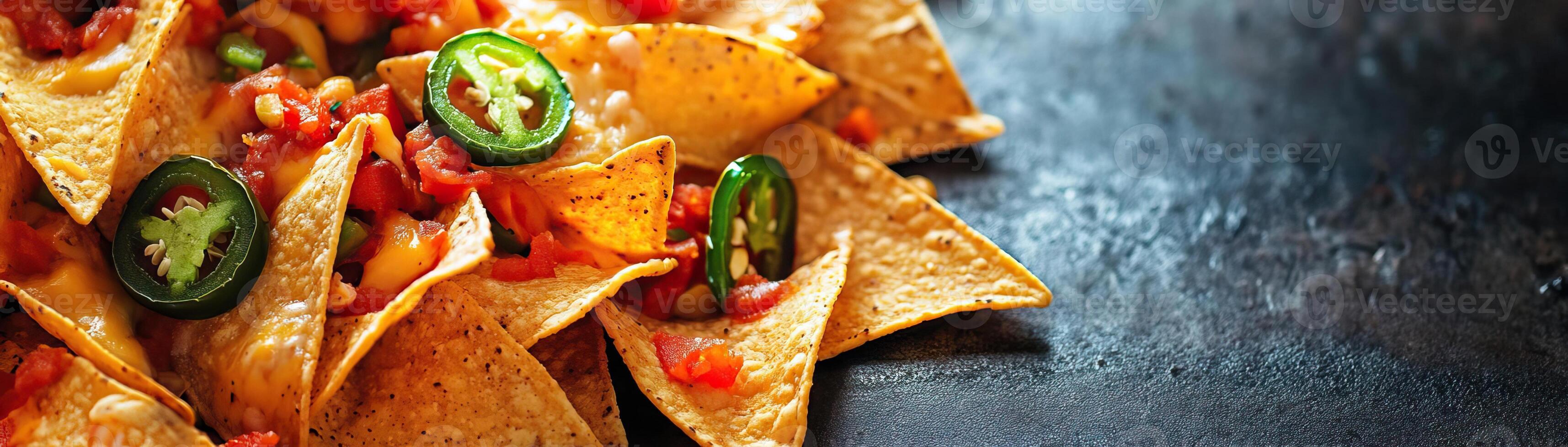 Delicious nachos topped with fresh salsa and sliced jalapenos on a rustic platter, perfect for parties and gatherings. photo