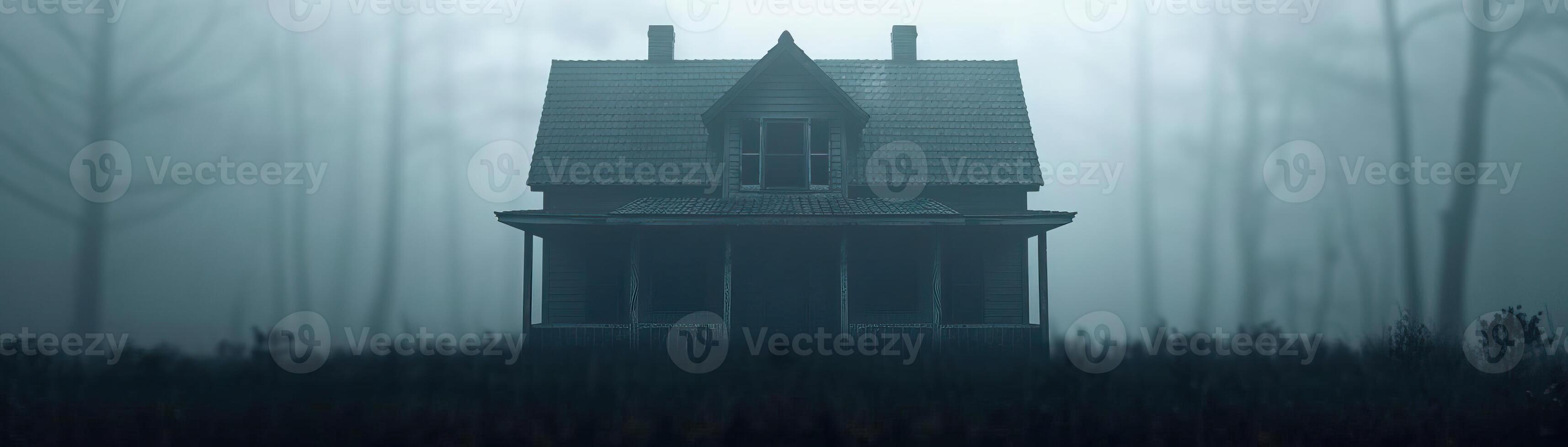 Dark haunted house silhouettes, creating a haunted atmosphere, editorial photography, empty space for text on side photo