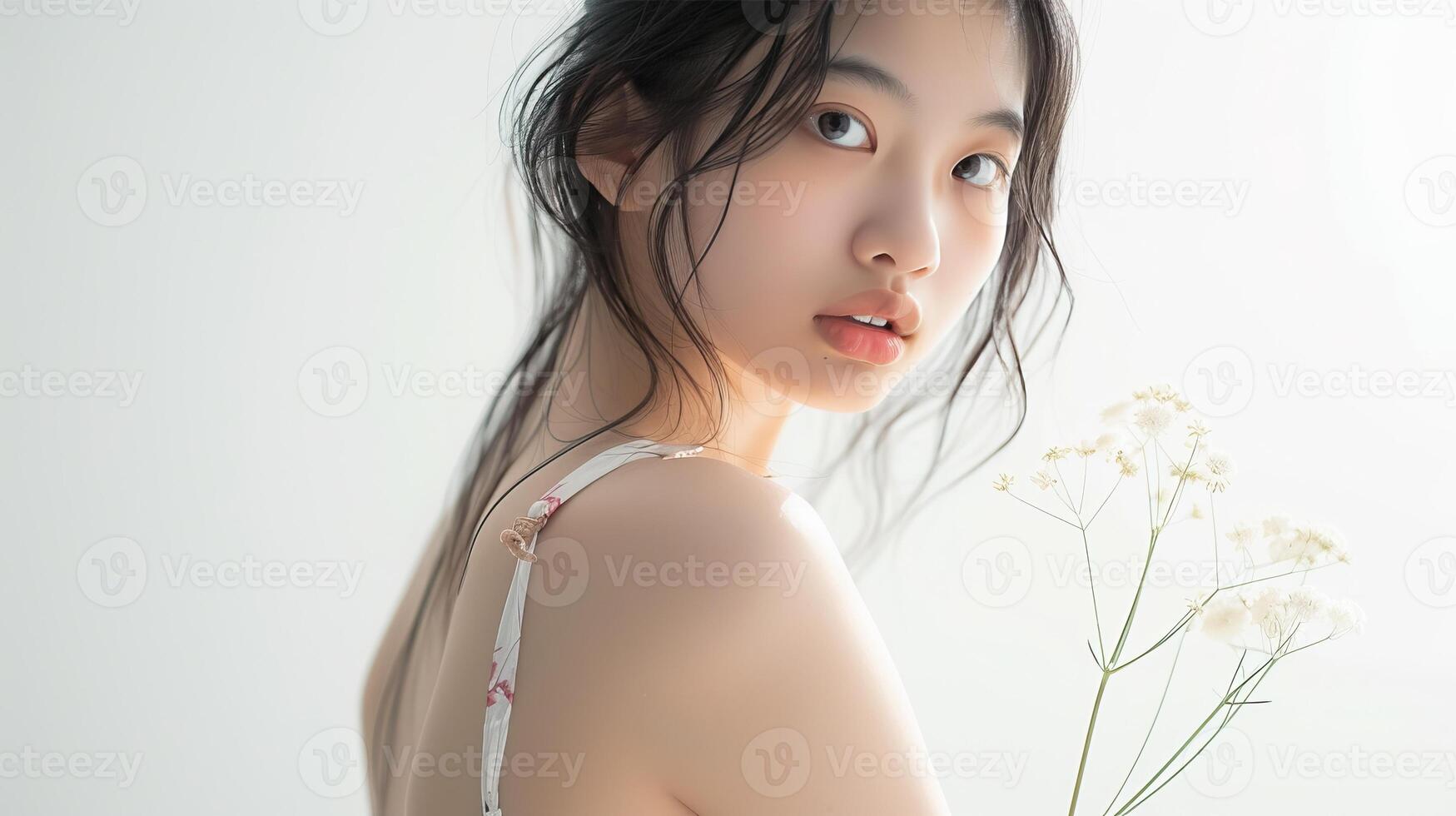A smiling woman with curly hair applying moisturizer to her shoulder, set against a light blue backdrop Her glowing skin and happy expression emphasize the benefits of a good skincare routine photo