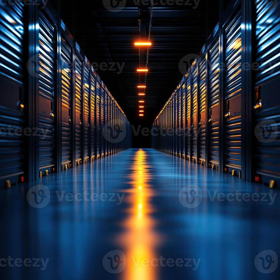 A modern storage facility showcasing illuminated aisles and metallic storage units, emphasizing organization and security. photo