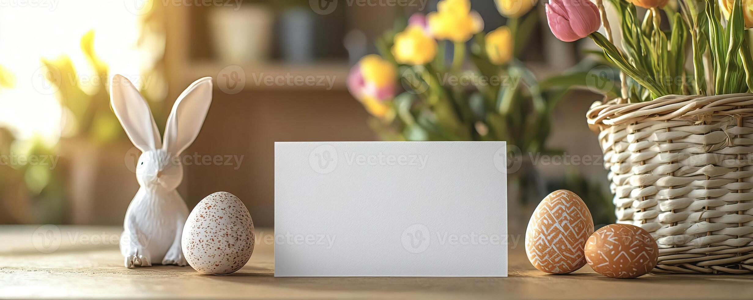 a mockup for an easter greeting card, blank greeting card on a table, easter vibes, spring, sunshine photo