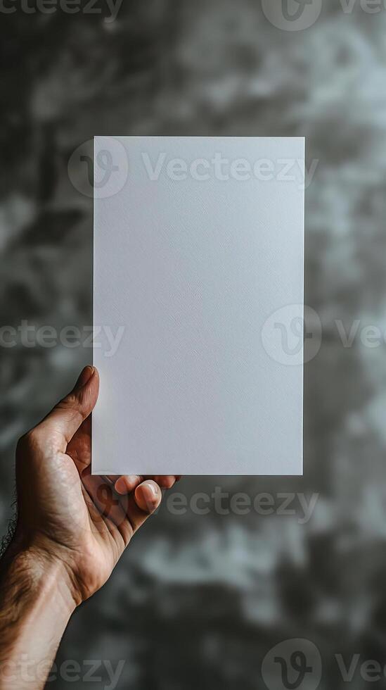a hand holding a white blank rectangle paper, paper position horizontally, realistic photo