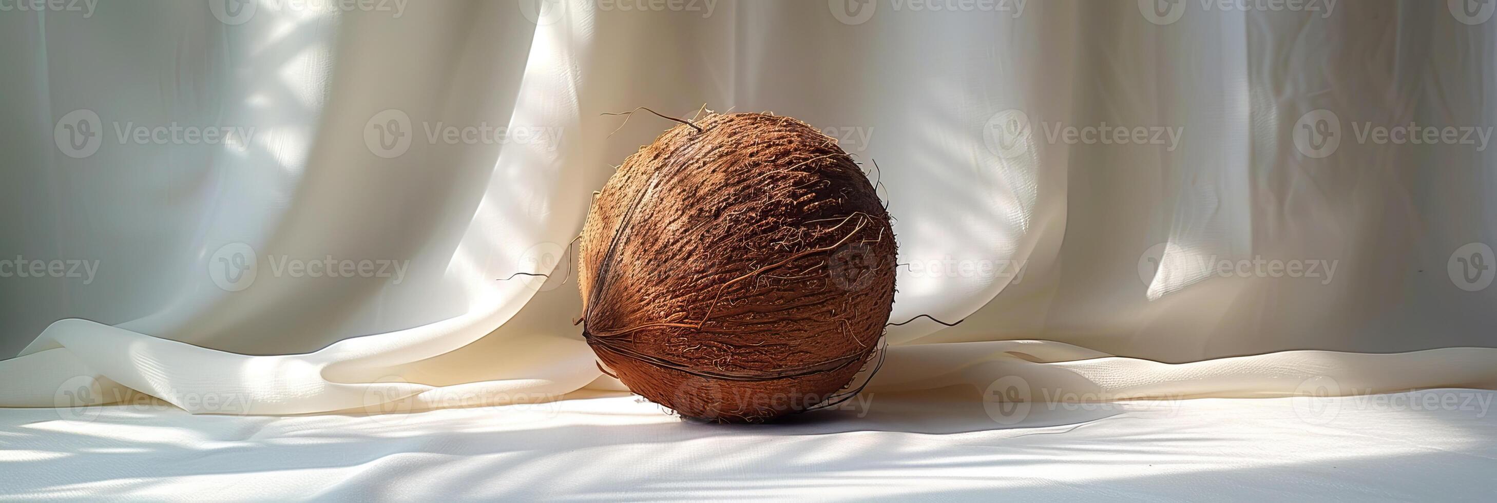 A single brown coconut rests on a white surface with soft, flowing curtains in the background, illuminated by natural sunlight. photo