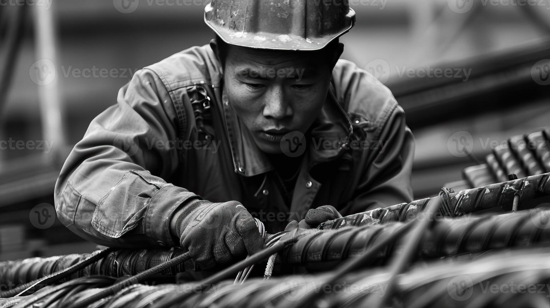 A construction worker is tying rebar at a construction site. photo