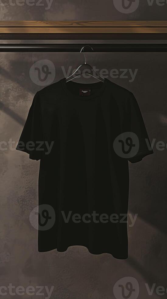 A plain black t-shirt hanging on a hanger against a dark textured background, perfect for minimalist fashion concepts and clothing mockups. photo