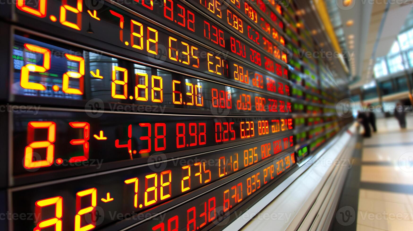 Red glowing stock market display with stock prices and numbers photo