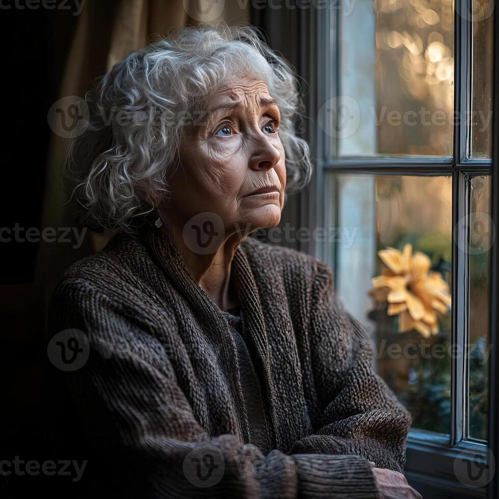 Elderly woman sitting by a window, gazing out with a distant look, sadness reflecting in her eyes, alone and contemplative photo