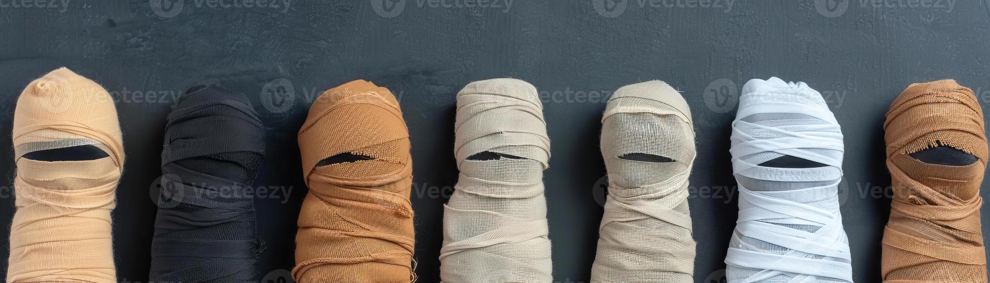 Assorted mummy wrappings, spooky Halloween backdrop, editorial shot, empty copy space for text on side photo