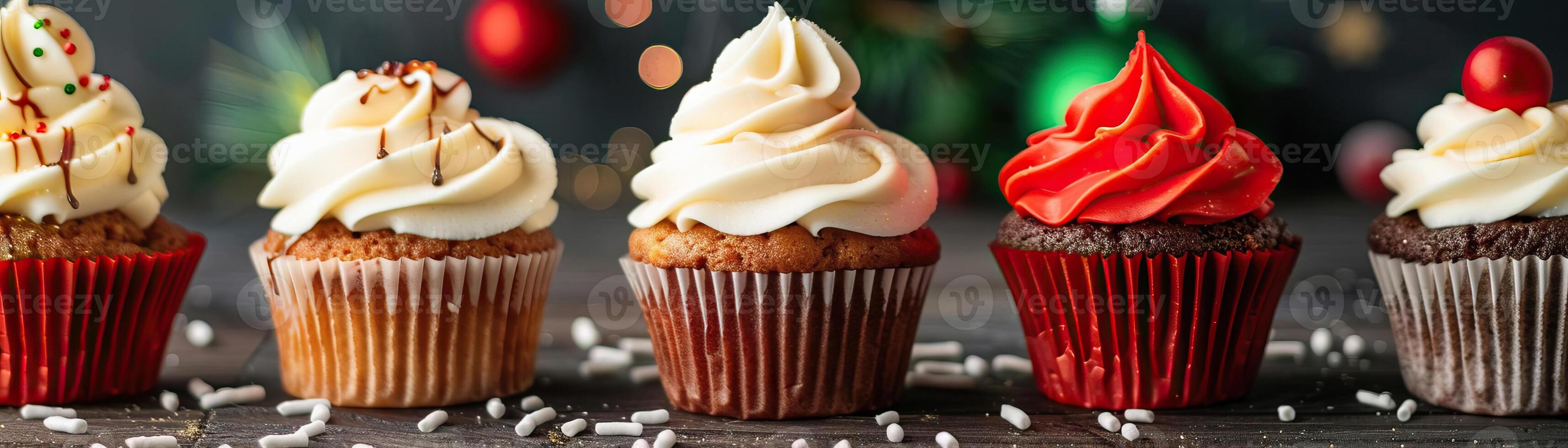 Assorted cupcakes with Christmas designs on a festive table, themed confections, editorial shot, empty copy space for text on side photo