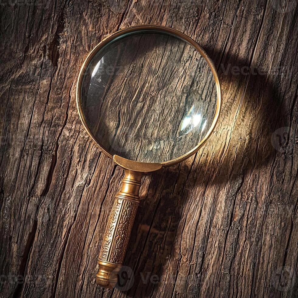 A well-worn magnifying glass on a rough-hewn wooden background, with light creating a warm, inviting atmosphere, symbolizing the search for knowledge, classic and detailed photo