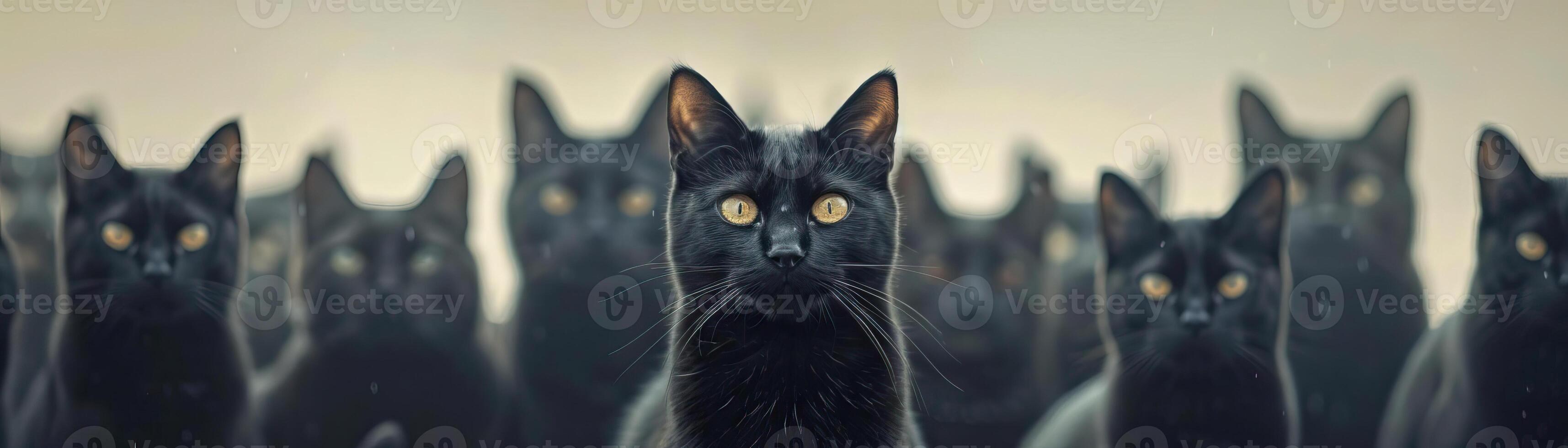 Background filled with black cats with arched backs, spooky and eerie atmosphere, editorial photography, empty copy space on the right photo