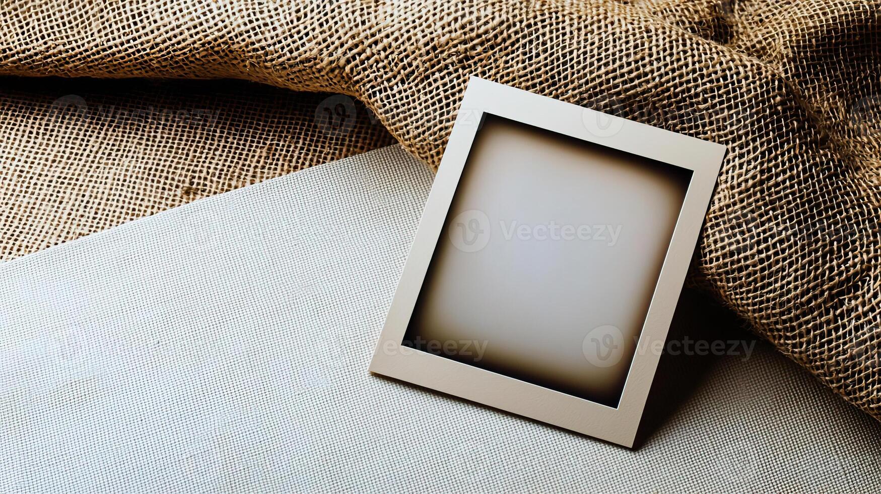 a product shot of a blank polaroid photograph sitting on a blank canvas, birds eye view, professional photograph photo