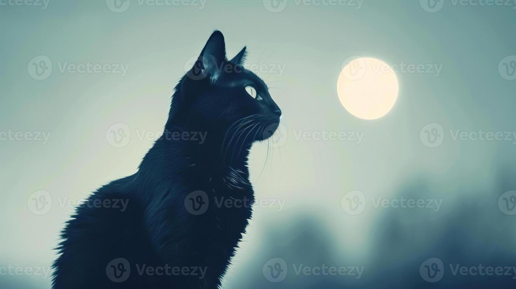 Close-up of black cat silhouettes against a moonlit background, creating a chilling and mysterious scene, editorial photography, empty space for text on left photo