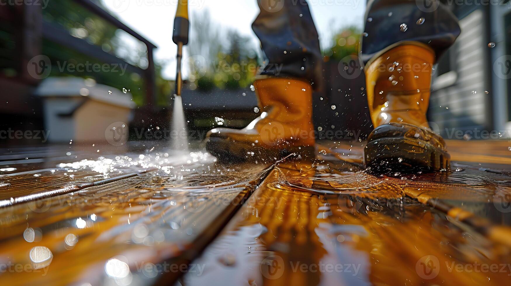 A person in yellow boots pressure washing a wooden deck. photo
