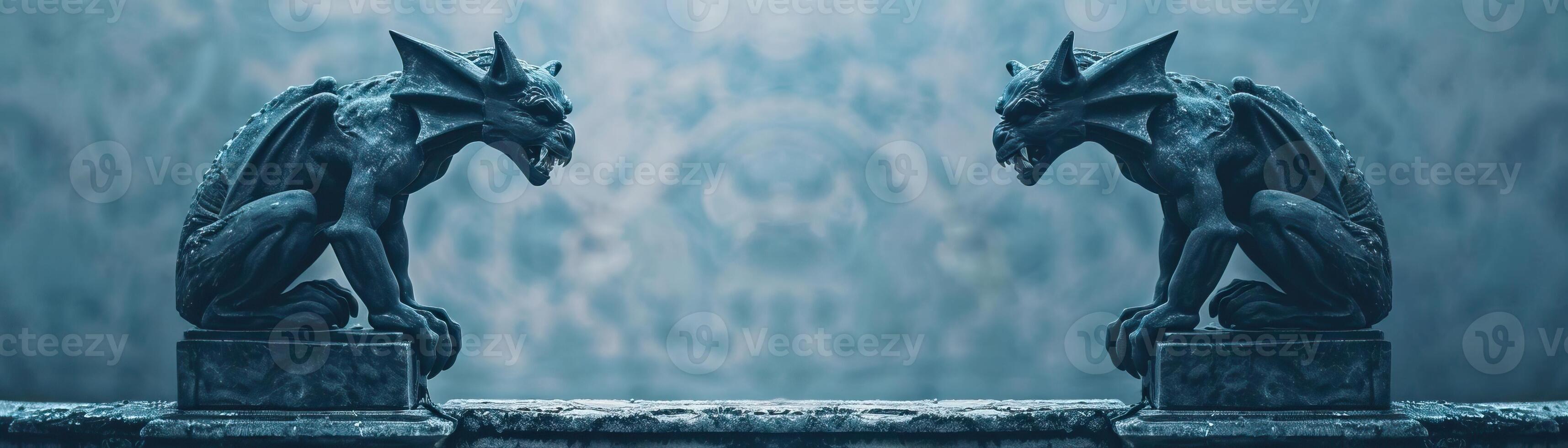 Gargoyles with fierce expressions atop pedestals, haunting and mystical scene, editorial shot, empty copy space for text photo