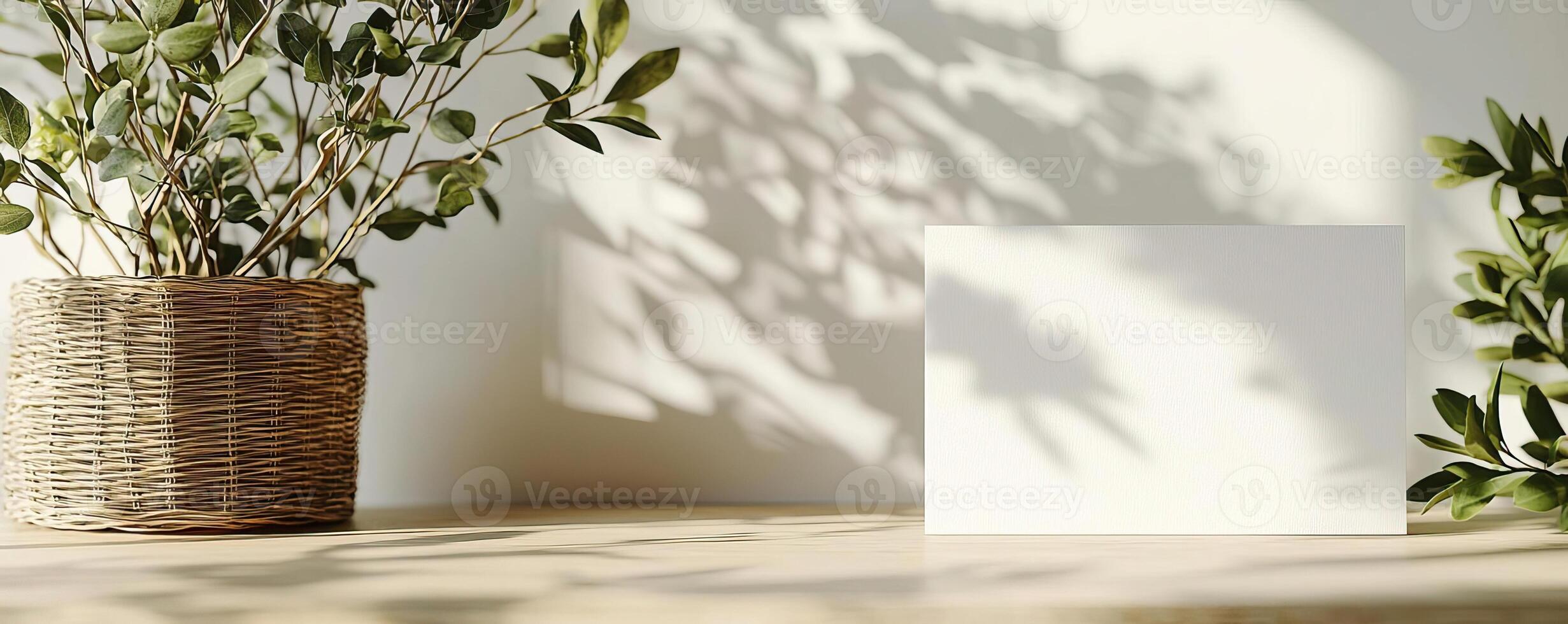 a greeting card on a table, simple white room, nature vibes for a mock up, no sun photo