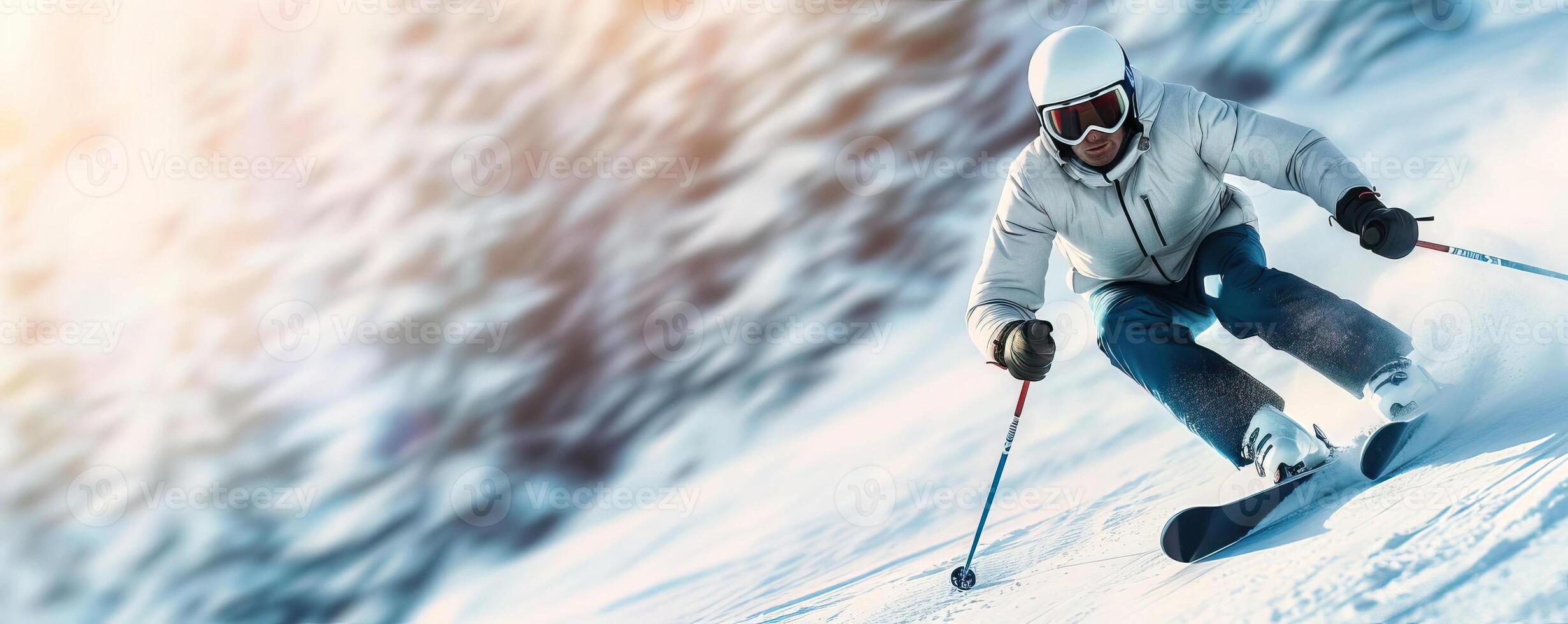 Highspeed skier racing down a snowy slope, dynamic and thrilling, Extreme Sports in Action, editorial photography, empty space for text on side photo