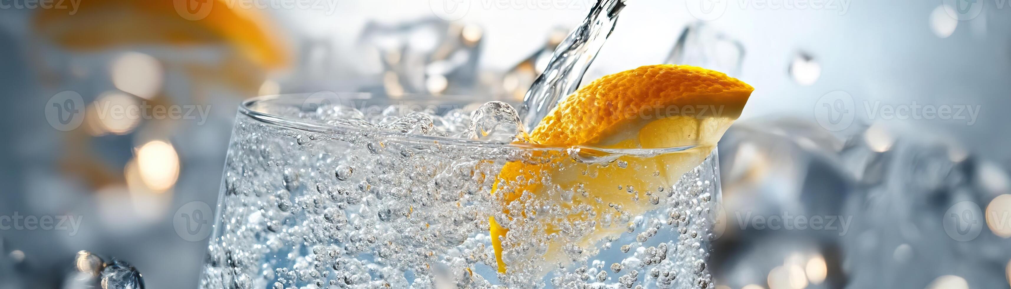 A dynamic moment captured with tonic being poured into the gin, bubbles swirling around, against a clean, light backdrop, wide space on the side for advertising copy photo