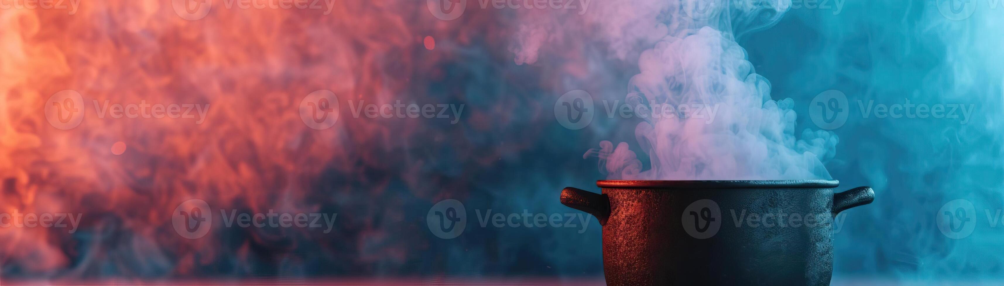 Witch's cauldron emitting magical smoke, eerie and mystical atmosphere, editorial photography, empty copy space on the right photo