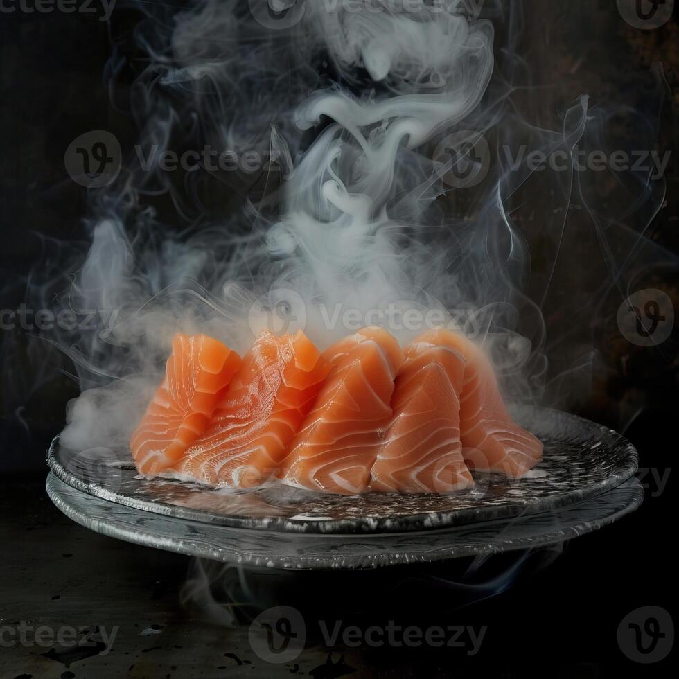 A plate of smoked salmon on a table with smoke rising from it. photo