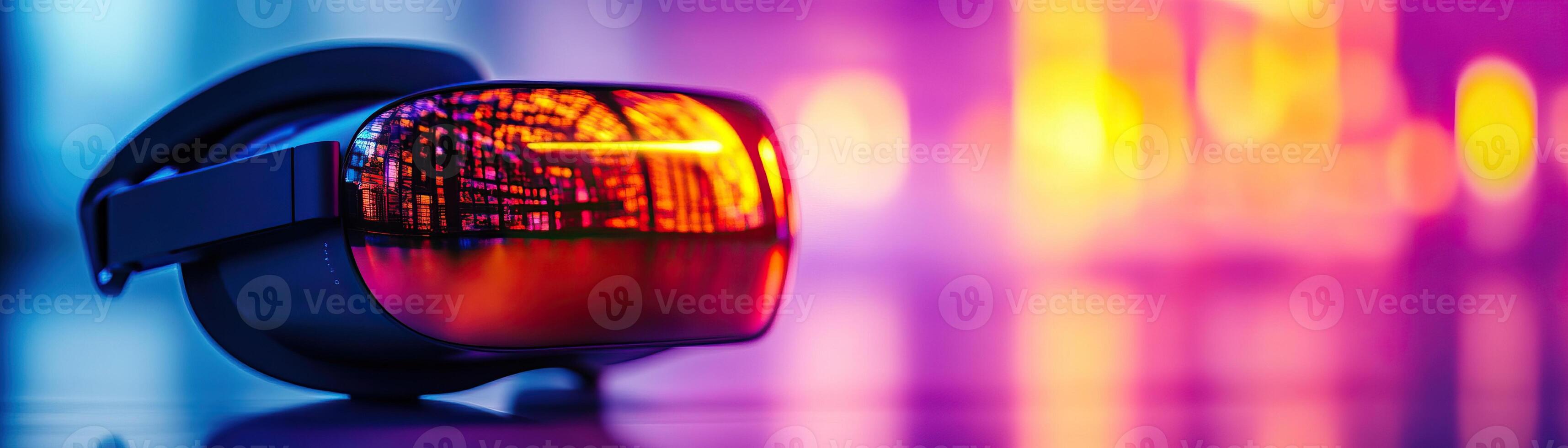 Close-up of futuristic VR headset showcasing vibrant colors and modern design, symbolizing advanced technology and immersive experience. photo