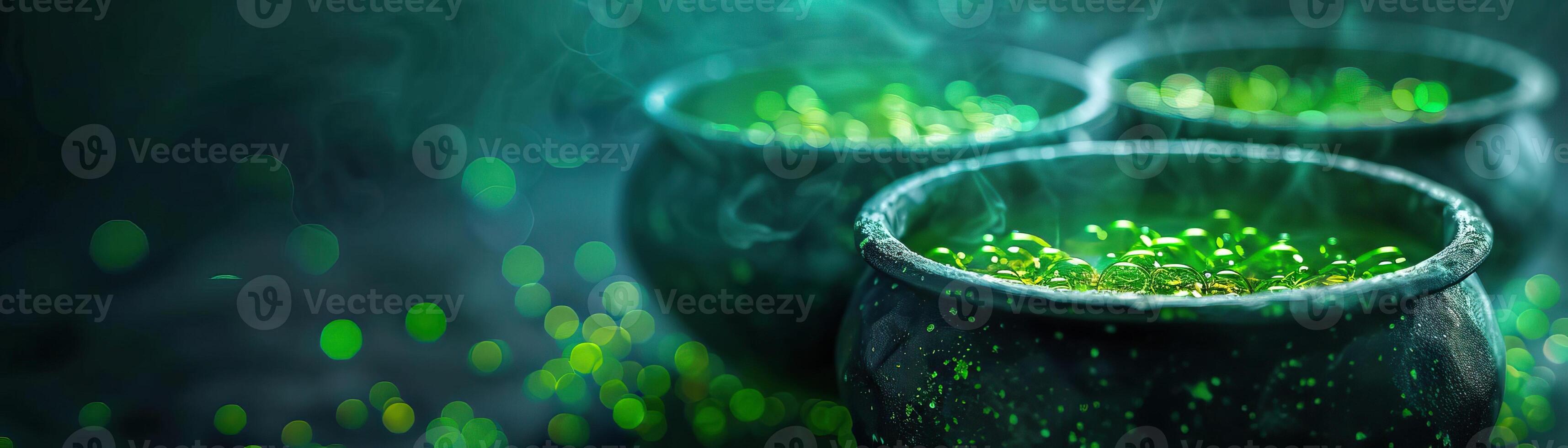 Cauldrons emitting green potion bubbles, eerie background, editorial photography, empty space for text on side photo