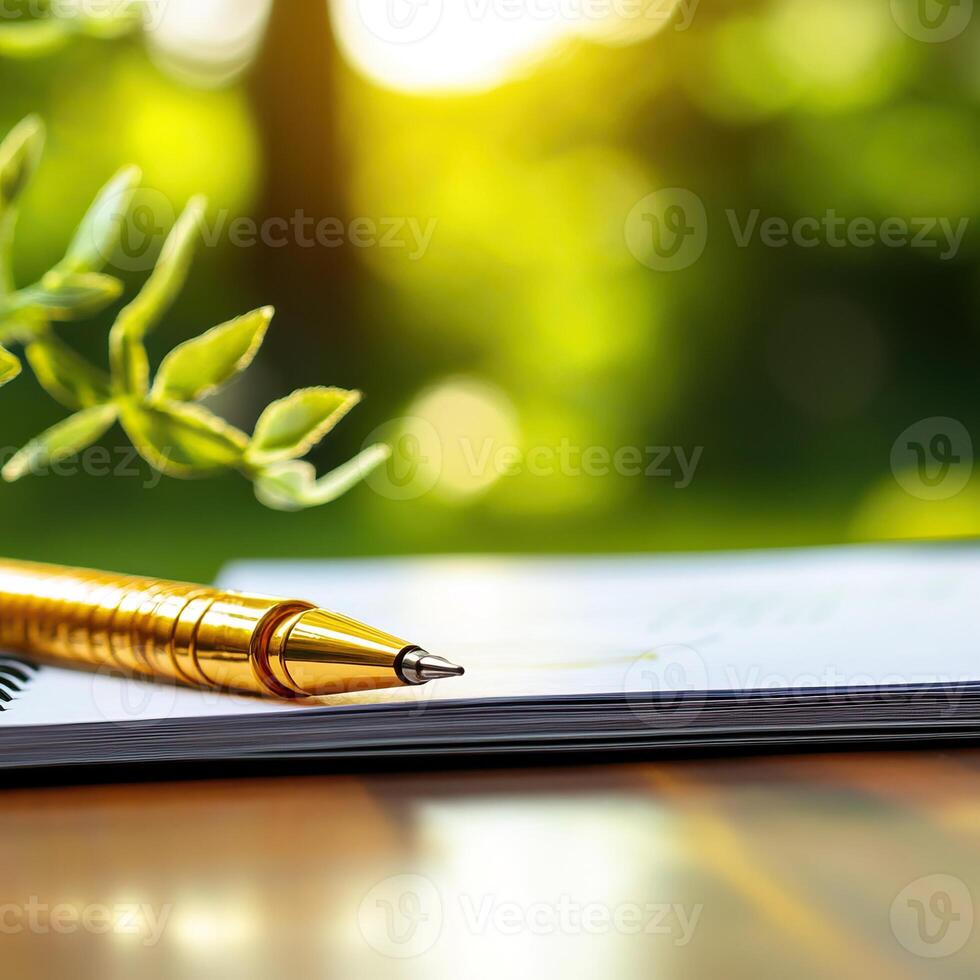A close-up view of a golden pen resting on a blank notepad, surrounded by fresh greenery and soft sunlight. photo