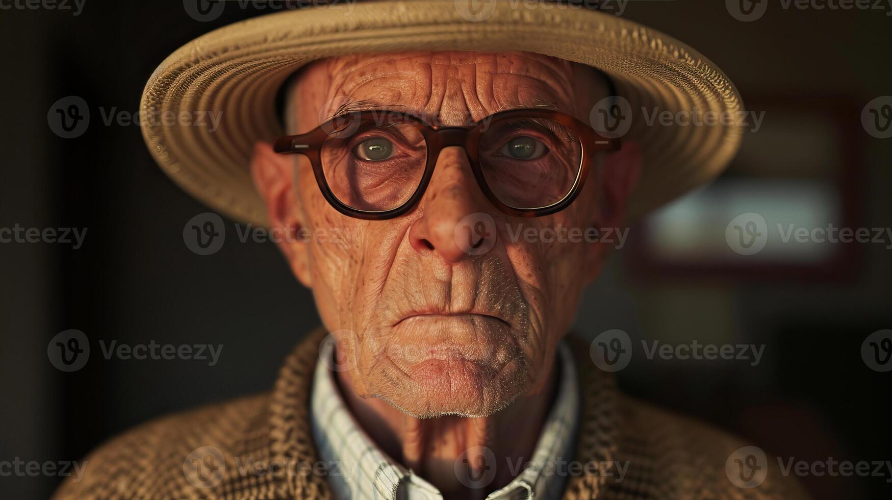 Close-up portrait of an elderly man wearing glasses and a hat, showcasing deep wrinkles and a serious expression. photo