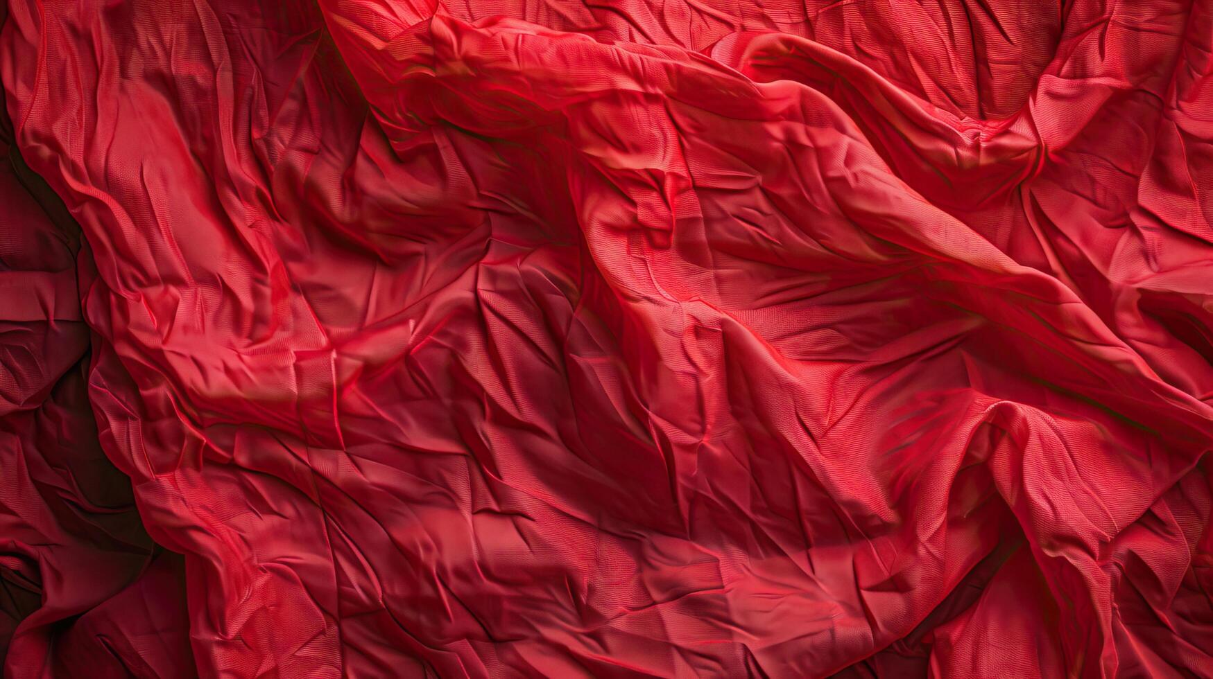 Close-up of wrinkled red fabric texture. Vibrant color and detailed folds create an abstract background suitable for various design projects. photo