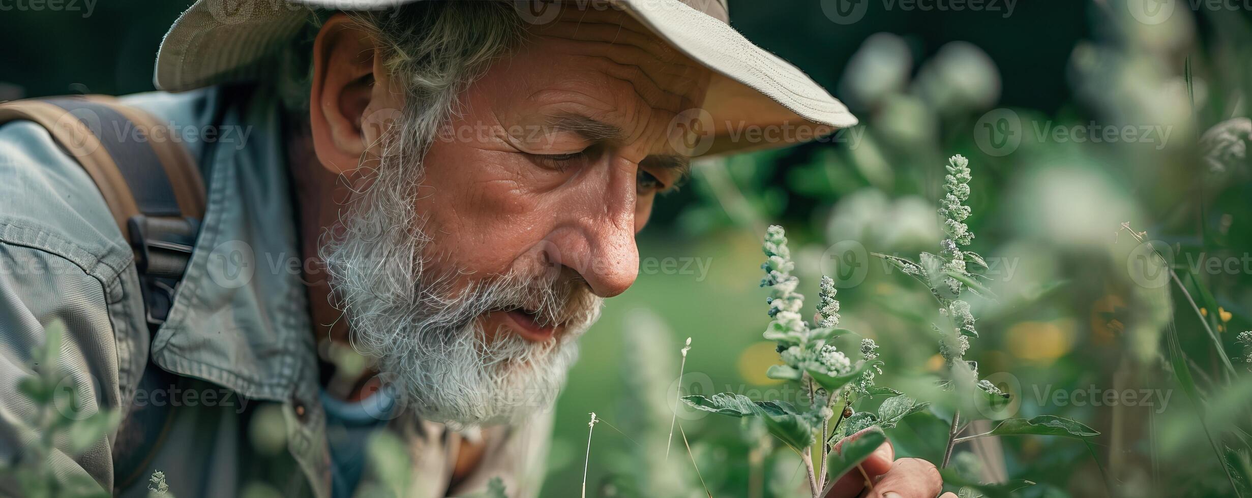 Elderly man wearing a hat, closely examining plants in a lush garden, symbolizing nature, wisdom, and connection to the earth. photo
