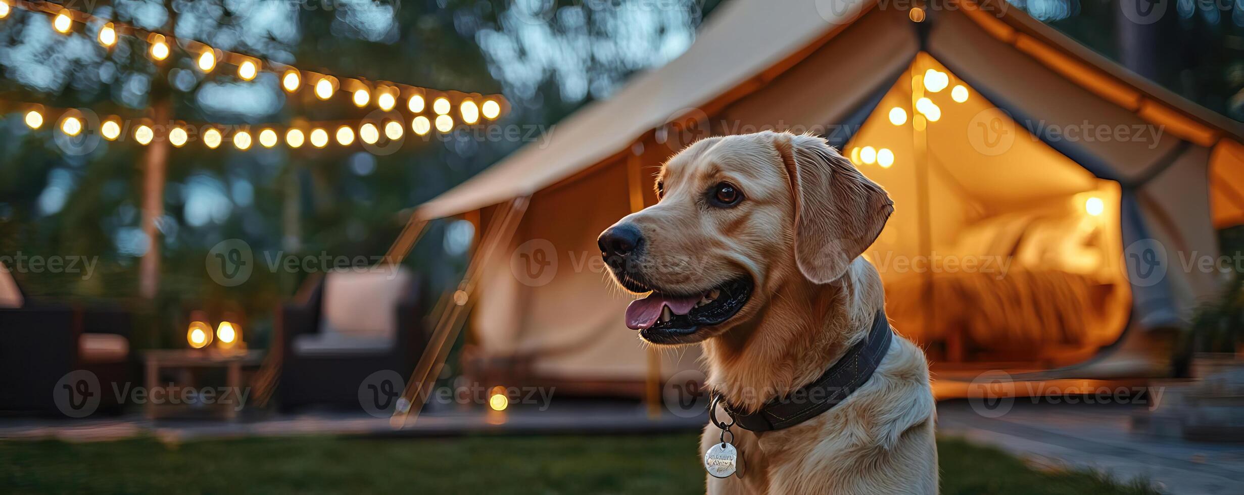 Dog exploring a beautifully landscaped campsite with a luxury tent, garden lights, and elegant furnishings, glamping with your pet, charming and stylish photo