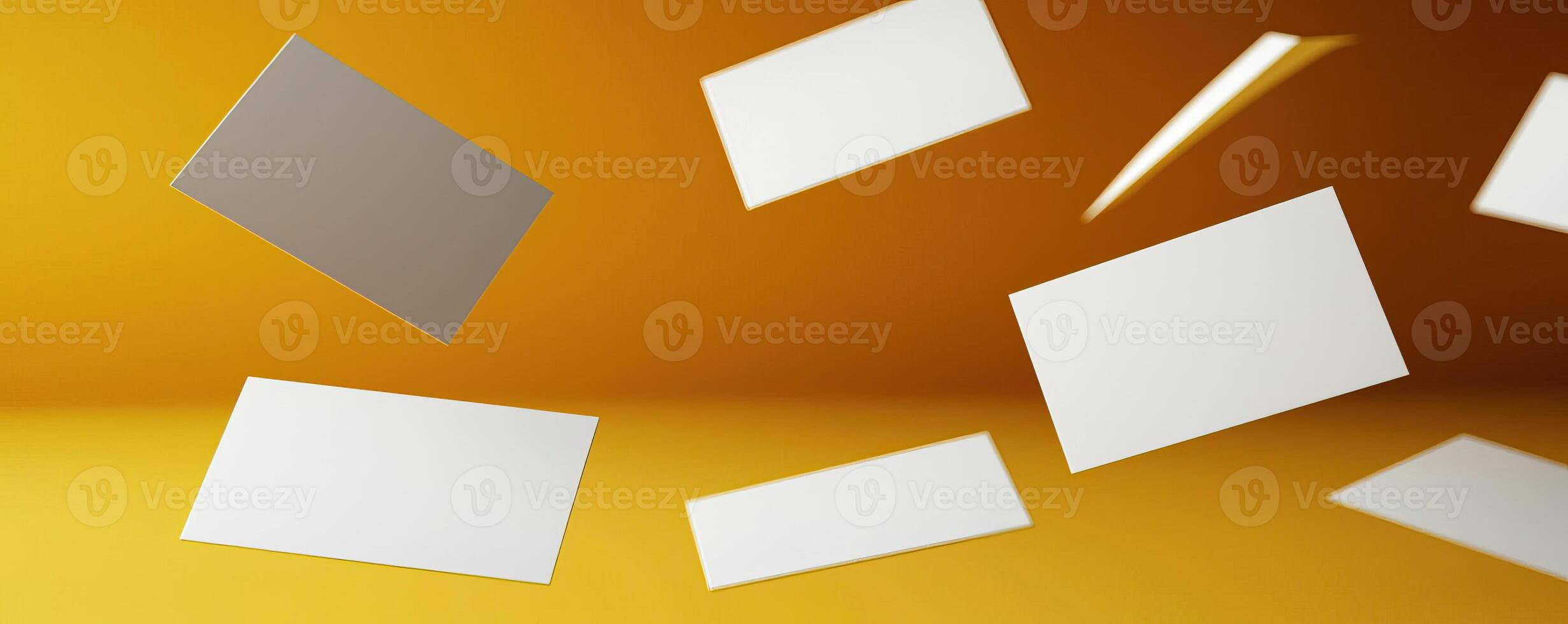 3d render of a various blank white paper cards with rounded corners floating around over a dark yellow studio background Shallow depth of field Dramatic lighting photo