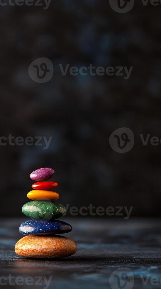 A beautiful stack of colorful stones symbolizing balance, harmony, and mindfulness against a soft blurred background. photo
