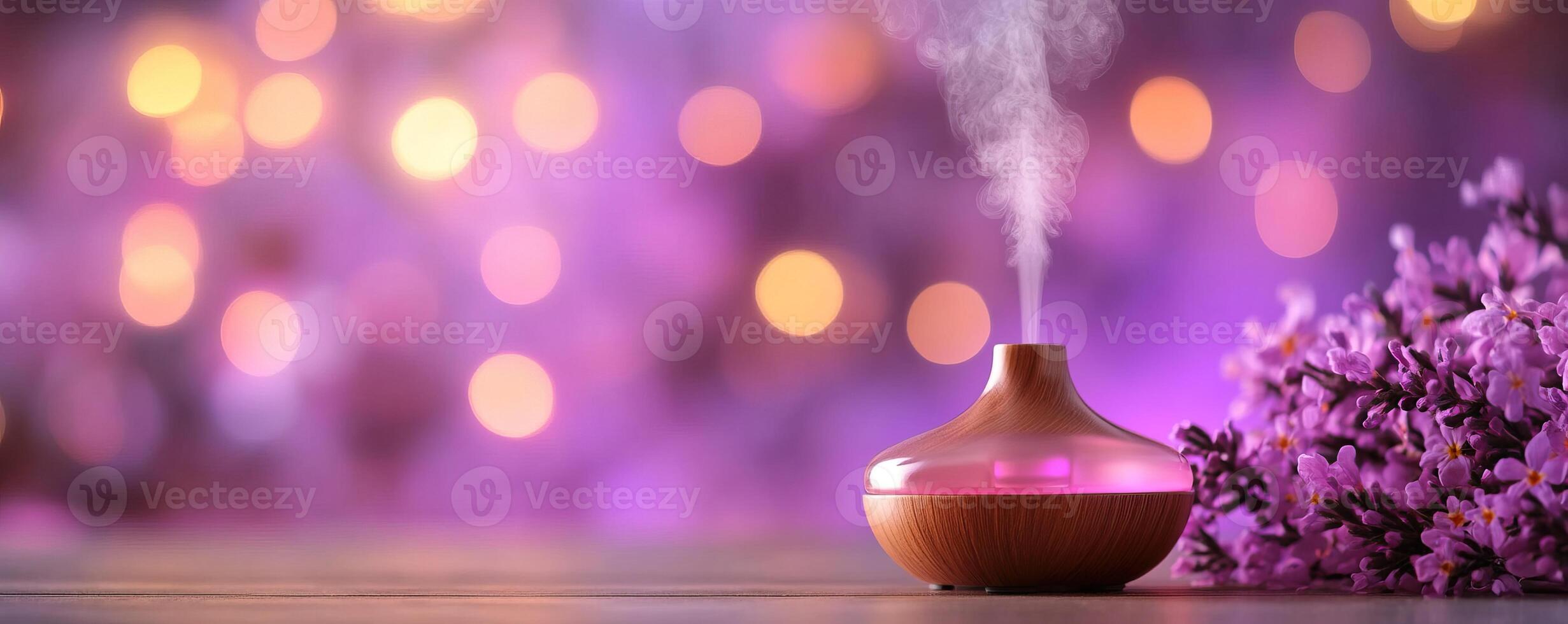 A calming aroma diffuser releasing fragrant steam amidst soft purple lights and delicate flowers, creating a serene atmosphere. photo